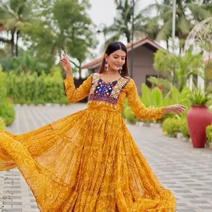 Beautiful Garba Gown Big Ghera Flares Soft Georgette Gown Perfect for Any Occasions Women's Heavy Wear Yellow Dress Womenswear Long Sleeve