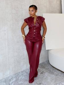 women's solid color pu leather jumpsuit, fashionable button front jumpsuit for party club dating, ladies summer clothes