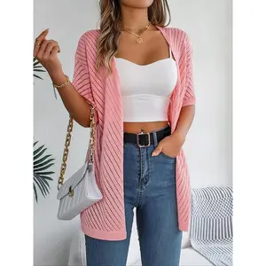 Women's Plain Hollow-Out Half-Sleeve Open-Front Cardigan, Casual Summer Knit Top for Daily Wear