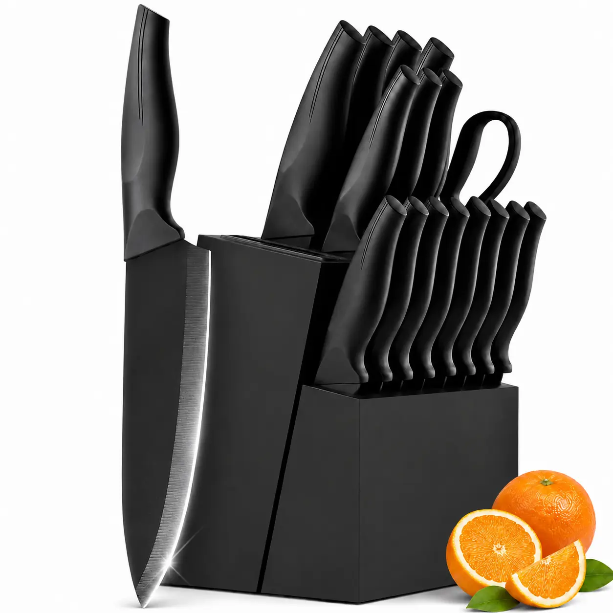 14-Piece Self-Sharpening Stainless Steel Knife Set for Home Kitchen, Black Knives with Storage Block, Built-In Sharpener, ABS Ergonomic Anti-Slip Handles, Dishwasher Safe for Slicing and Cutting sohochic
