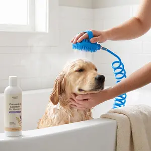Pet Bathing Sprayer Brush Kit with Extension Hose & Dual Faucet Adapters, 2-in-1 Massage Scrubber Water Sprayer for Dog Cat Home Outdoor Grooming Washing System