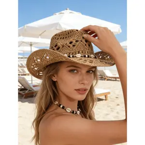 1pc Boho Shell Hollow Out Straw Sun Hat, Western Cowgirl Beach Hat, Suitable For Mother's Day, Easter, Vacation, Photo Shoot