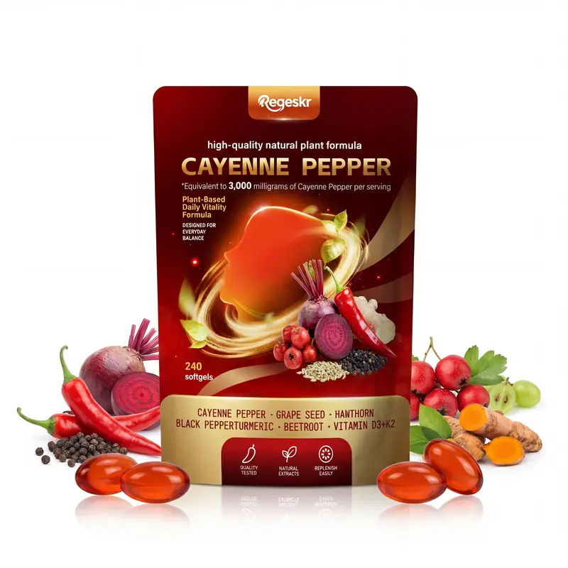 Cayenne Pepper Softgel Capsules - Herbal Wellness Formula with Vitamins E D3 K2 Grape Seed Hawthorn Beetroot Extract - 240 Softgels / 1 Pouch