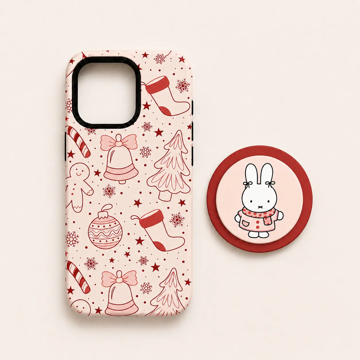[Matching Set] Cute Christmas Miffy Magsafe Phone Case & Grip Set - Kawaii Holiday Tree, Stocking & Bunny Phone Holder For iPhone - Xmas Miffy Phone Accesorry