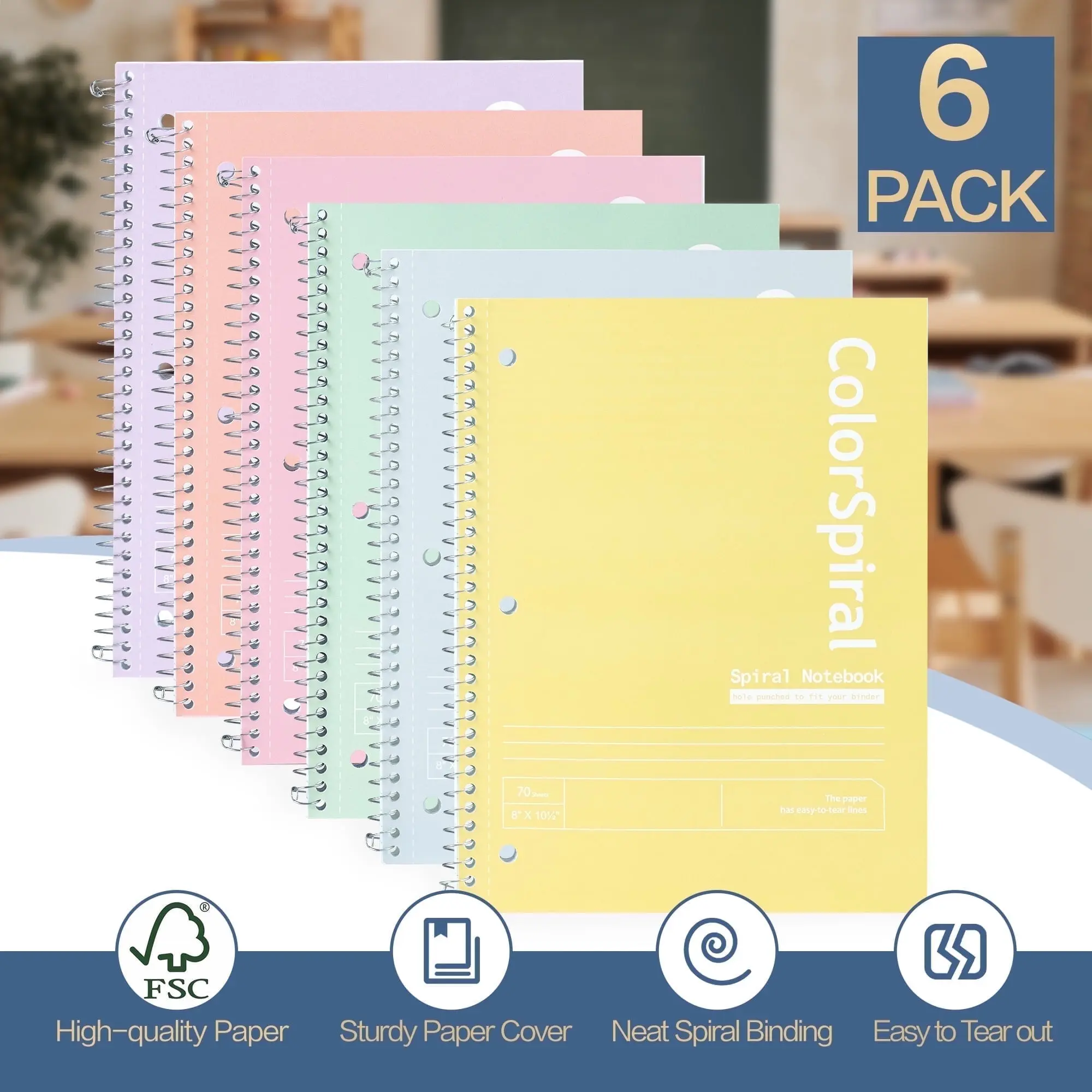 Deli Morandi Spiral Notebook, College Ruled, 1-Subject Notebook, Thick Paper, 140 Pages, 8"x 10-1/2", Assorted Colors, 6 Pack