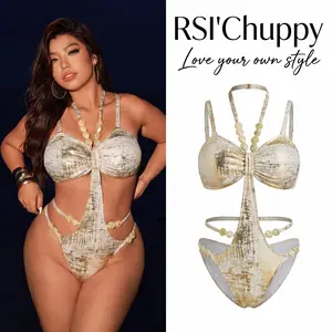 Trendy Plus Size One Piece Swimsuit Metallic Shimmer Cutout Monokini Beaded Strap Hollow Out Bathing Suits for Women Curvy Sexy Beach Party Swimwear