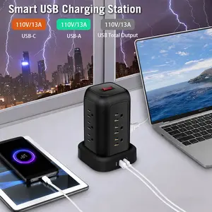 Extension cord with multiple outlets, surge protector power strip tower, 12 outlets + 4 USB ports, surge protection tower 9.84 ft (approximately 3 meters), overload protection, suitable for home and office