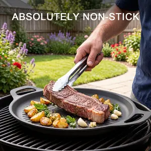 Double - Handle BBQ Grill Pan with Drip Tray Even Heat Distribution Non - Stick for Pizza Grilling Crepes Portable for Home & Outdoor Kitchen Cooking Tools