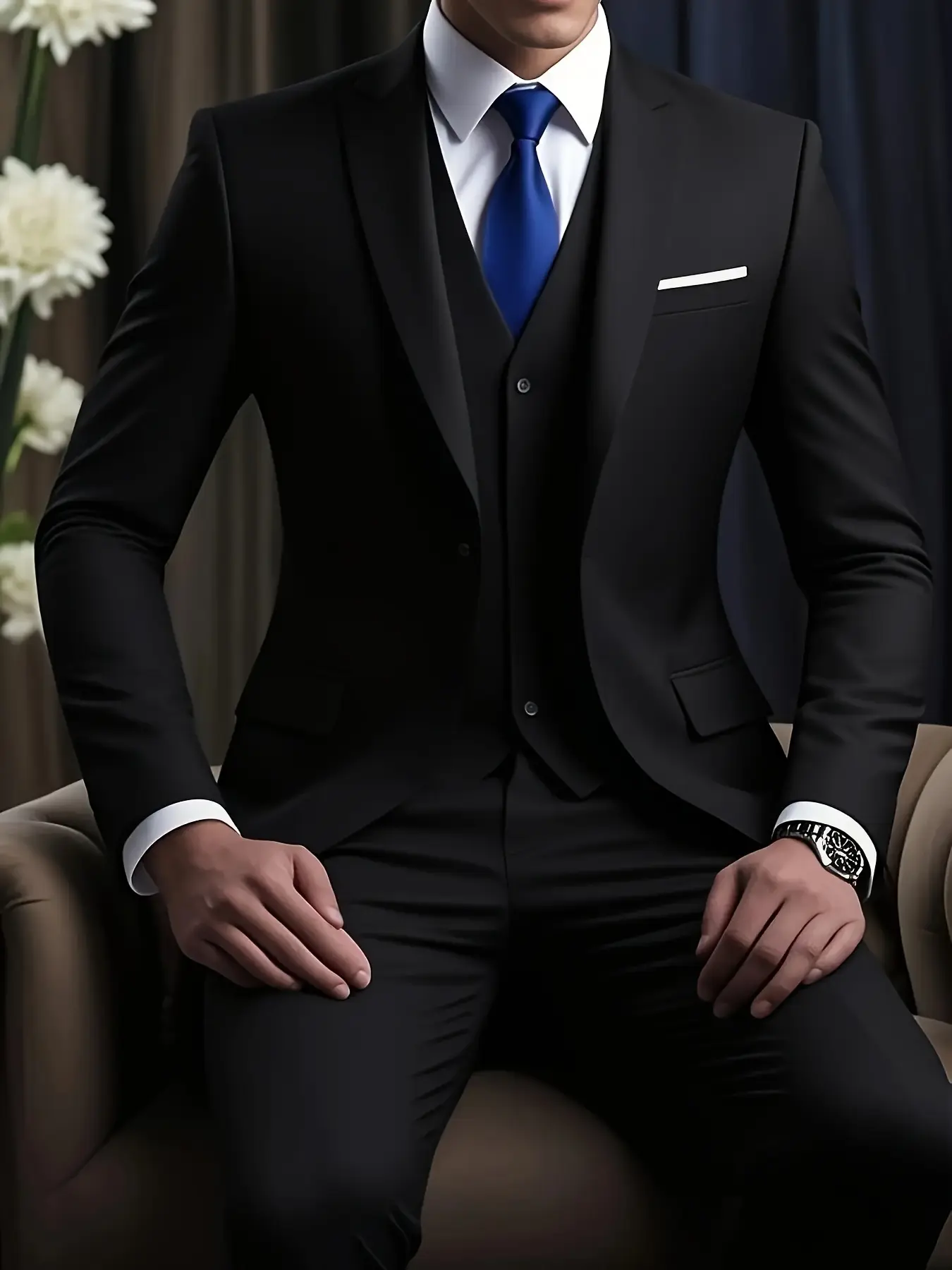 Men's 3pcs Slim-Fit Suit Set - Large Size Wedding, Business & Formal Attire with Vest, Pants & Tie - Solid Color Suit for - Wear (Hand Wash/Dry) - Professional & Wedding Uniforms 3pcs Blazers Suit Sets