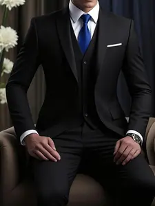 Men's 3pcs Slim-Fit Suit Set - Large Size Wedding, Business & Formal Attire with Vest, Pants & Tie - Solid Color Suit for - Wear (Hand Wash/Dry) - Professional & Wedding Uniforms 3pcs Blazers Suit Sets
