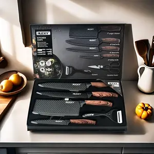 6-Piece Black Professional Kitchen Knife Set with Sharp Blades, Ergonomic Wood Handle & Super Sharp Meat Knives for Chef Use Utensils Wooden Block Wooden,Perfect as a Christmas, Thanksgiving, Halloween Gift