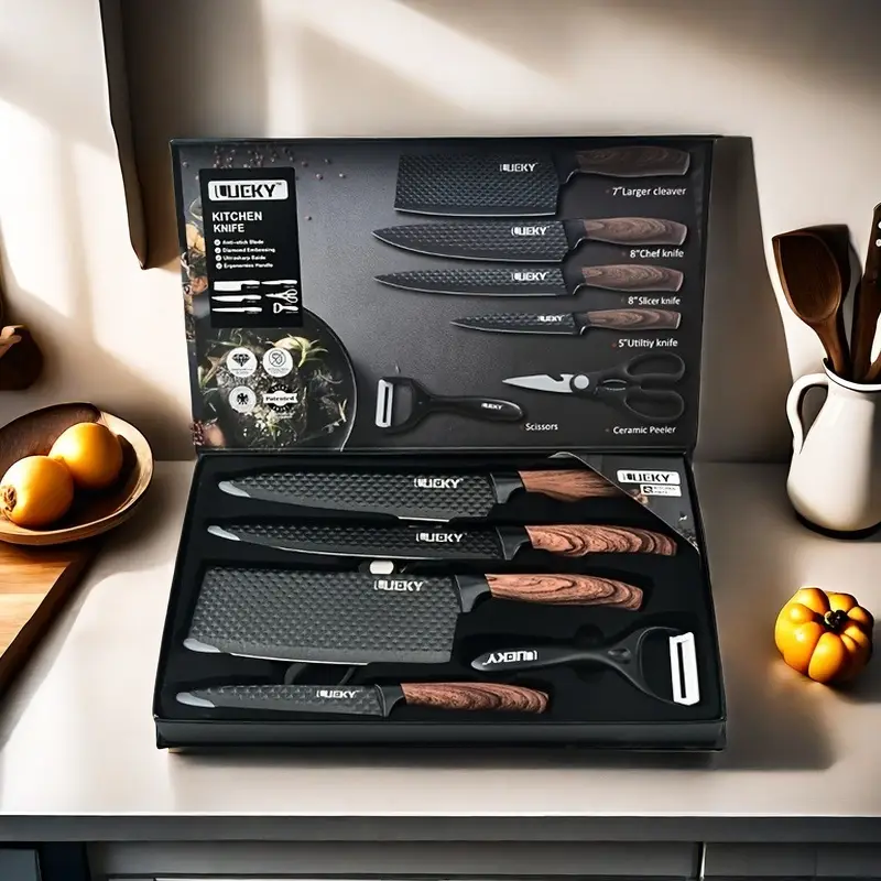 6-Piece Black Professional Kitchen Knife Set with Sharp Blades, Ergonomic Wood Handle & Super Sharp Meat Knives for Chef Use Utensils Wooden Block Woo