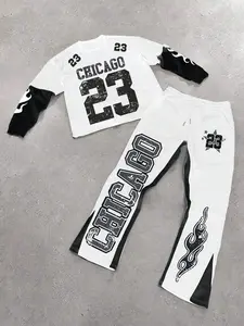 Two-Piece Colorblock Graphic Long Sleeve T-Shirt Bell Bottom High Waist Pants Set, Casual Fashion Trendy Unique School Youth Y2K Vintage Style