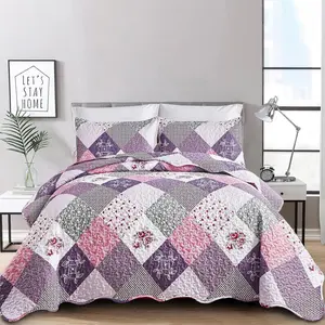 Purple Quilt Set Queen Size, Reversible Floral Plaid Patchwork Pattern Bedding Set Soft Microfiber Lightweight Bedspread Coverlet 3 Piece for Spring Summer Use (90x90 inches)