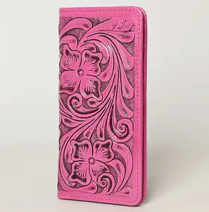 American Darling Pink Tooled Leather Wallet -Floral Carved Bifold