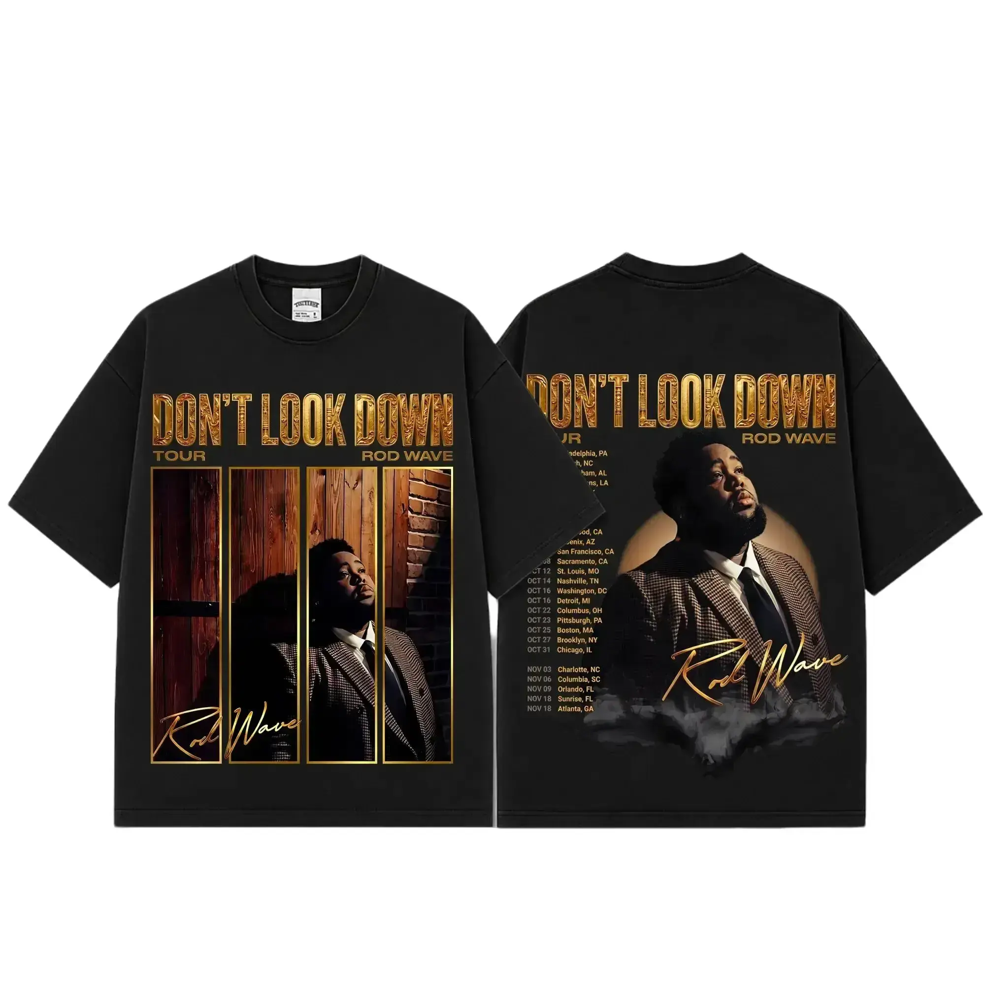 [FREE SHIP] Rod Wave Don’t Look Down Tour 2026 Premium Cotton T-Shirt, Black Gold Split Portrait Concert Fan Tee, Hip-Hop Soul Music Graphic Shirt, Tour Date Album Merch