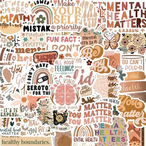 Boho Mental Healthy Sticker, 50pcs/set Funny Cartoon Sticker, DIY Decorative Sticker, Funny Stickers for Laptop, Phone, Bag, Water Cup, Scrapbook