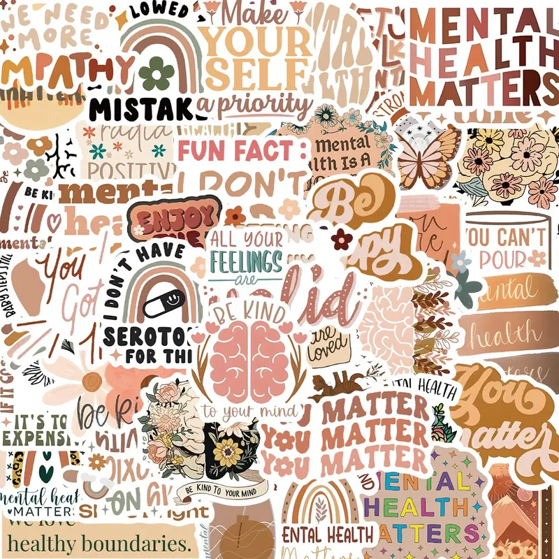Boho Mental Healthy Sticker, 50pcs/set Funny Cartoon Sticker, DIY Decorative Sticker, Funny Stickers for Laptop, Phone, Bag, Water Cup, Scrapbook