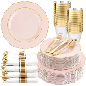 350PCS Pink Disposable-PinK 50guest Baroque Dinnerware include 100Plates, 50Pack Pre Rolled with Silverware 50Cups Perfect for Wedding & & Day
