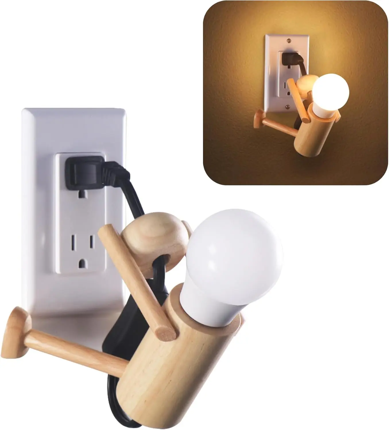 Wooden Night‑Light Desk Lamp – 'Climber’ Stick‑Figure décor by HMC, Shatterproof LED Bulb, Plug‑in for Outlet, Cool Kid Room or Dorm Table Light