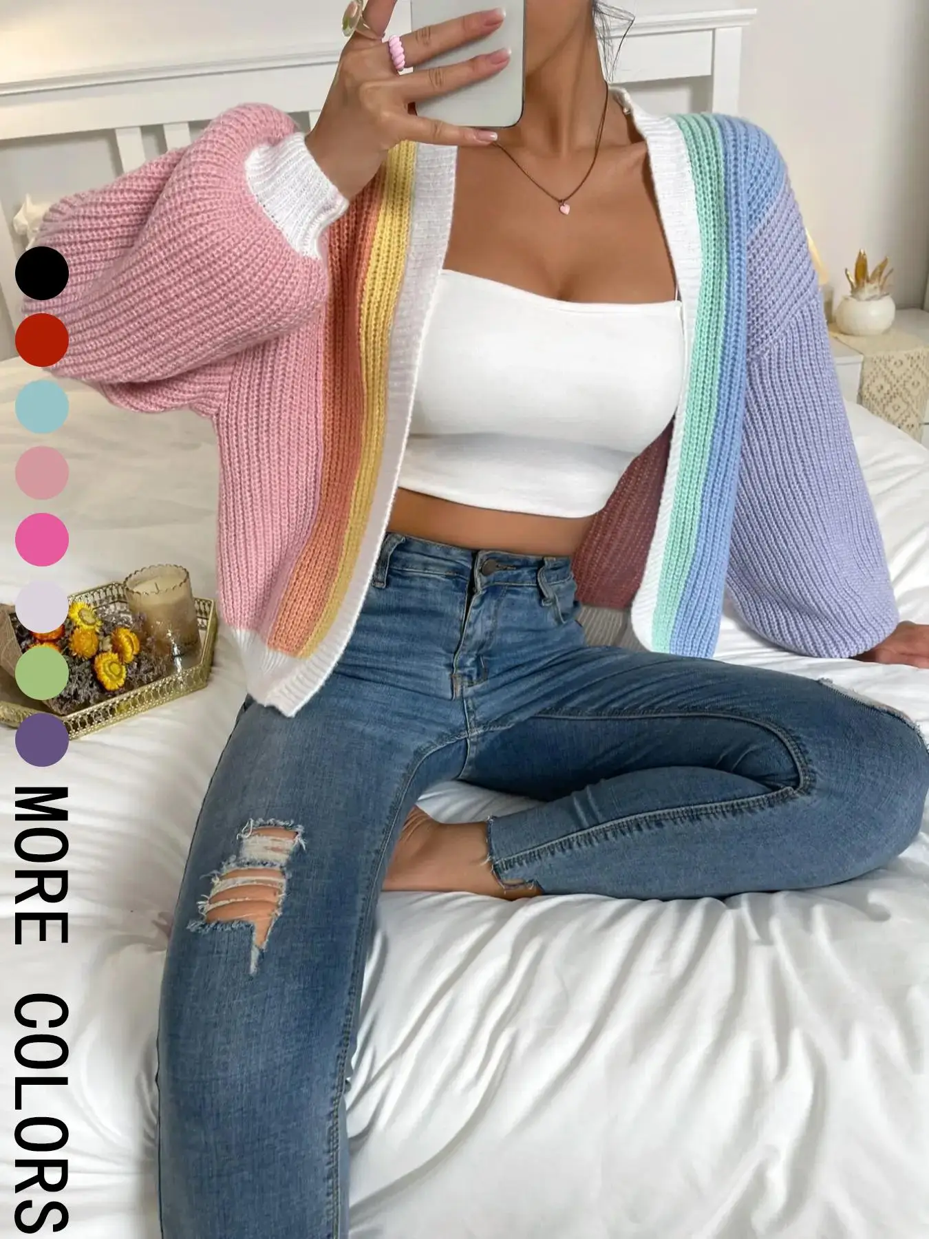 Women's Patchwork Print Drop Shoulder Open Front Cardigan, Casual Long Sleeve Knitwear for Spring & Fall, Fashion Women's Knit Clothing for Daily Wear