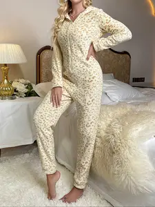 Women's Leopard Print Onesie Sleepwear Set, Fall Winter New High-End Hooded Zipper Coral Fleece Comfortable Home Wear
