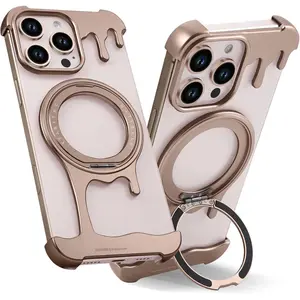 Liquid Metal Frameless Case for iPhone 16Promax with MagSafe Kickstand 360° Rotatable Ring Holder, Minimalist Aluminum Bumper Slim Hard Shockproof Ultra Thin for iPhone  16 Pro Max Case, Desert Titanium
