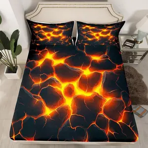 Magma Fitted Sheet,No Flat Sheet 3D Realistic Flame Soft Decorative Fabric Bedding Geometric Abstract Art Pocket