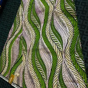 Wax Print 6 yards - Green and White Leaf Pattern Fabric for Sewing and Crafting