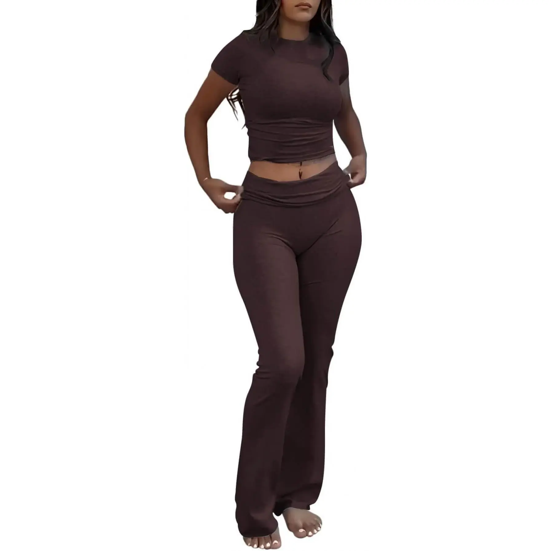 Women's 2-Piece Clothes Set, Casual Cotton Loose-Fitting Short Sleeve Crop Top and Foldover Flare Leggings, Foldover Pants, Large, Multi-Size, Female