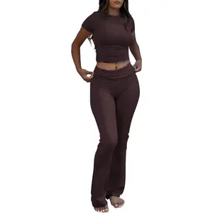 Women's 2-Piece Casual Workout Tracksuit Set - Short Sleeve Crop Top, High Waist Foldover Flare Pants, Streetwear Clothing, Multi-Size Option, Foldover Pants