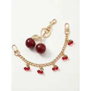 Set Cherry Bag Charm & Chain - Stylish Playful Charm Sparkly Red Fruit Keychain for Purse - Gold Handbag Accessories Bag Decoration Gift for Women