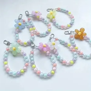 5 PCS Phone Anti-lost Lanyard Key Short Wrist Pendant Colorful Macaron Round Bead Pendant Women's Hand-held Chain Mobile Phone Lanyard with Flower Charm