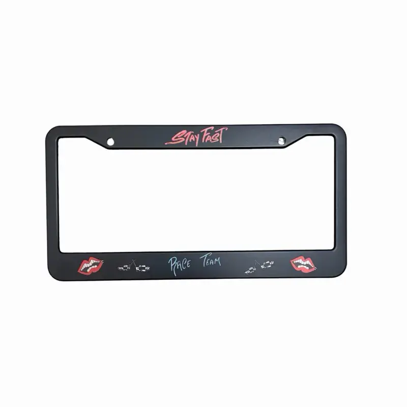 Chrome Matty License Plate Frame with Stay Fast Design and Race Team