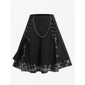 Plus Size Women's Gothic Skirt Casual Plain Chain Detail High Waisted Stitching Plaid Pleated Layered Lace Up Skirts 5XL