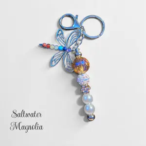 Saltwater Magnolia Rainbow Dragonfly Charm Keychain Handcrafted with Beaded Body & Sparkling Beads Including Golden Crystal Iridescent Bead & Pearls