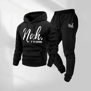 Men's 2-Piece "Nah I'm Good" Letter Print Hoodie & Drawstring Sweatpants Set with Pockets, Casual Long Sleeve Hooded Jacket & Jogger Pants for Fall-Winter, Streetwear Casual Gym Wear, Workout Set, Breathable Activewear, Athletic Sports Clothing