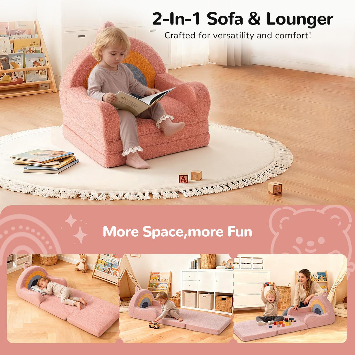COMOMY Toddler Couch, 2 in 1 Kids Couch, Foldable Baby Soft Couch Chair for Boys and Girls Gift, Convertible Sofa to Lounger- Ideal for Napping, Reading, and Playing, Rainbow, Pink