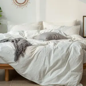 Striped Duvet Cover Set 100% Washed Cotton Linen Like Textured Breathable Durable Soft Comfy (White Dark Grey Wide Stripes, Queen 90"x90")