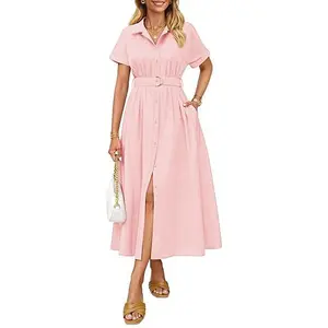 ZESICA Women's 2026 Summer Short-Sleeve Button-Down Midi A-Line Dress, Business Casual Belted Shirt Dress with Pockets