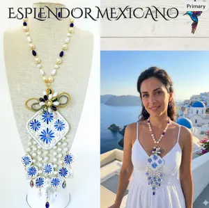 Mexican Artisan Handmade Talavera Necklace Set with matching Earrings/Blue & White/Set Collar de Talavera con Aretes hecho a Mano