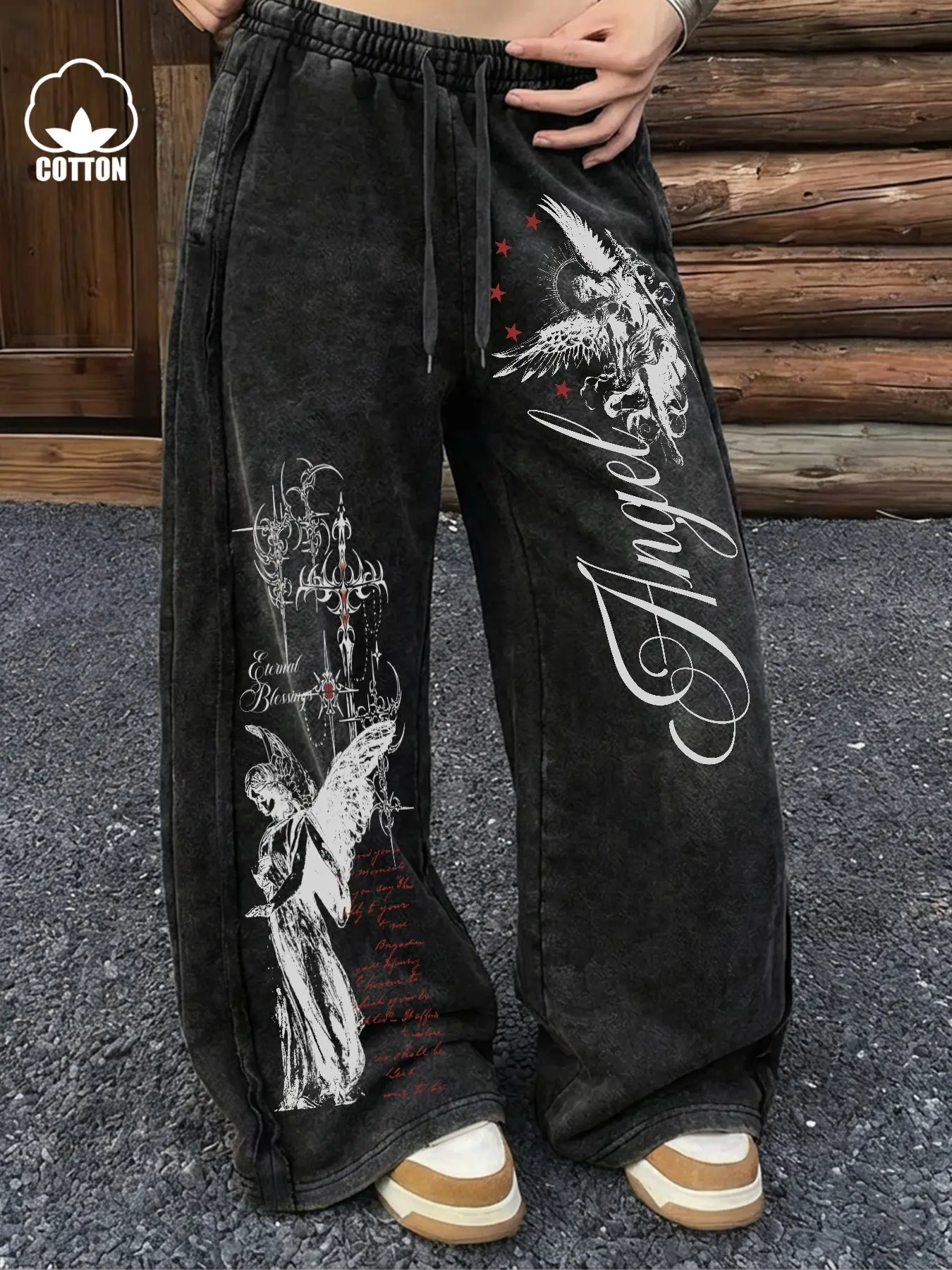 Y2K Grunge Acid Wash Baggy Fit Sweatpants - Gothic Angel Graphic 