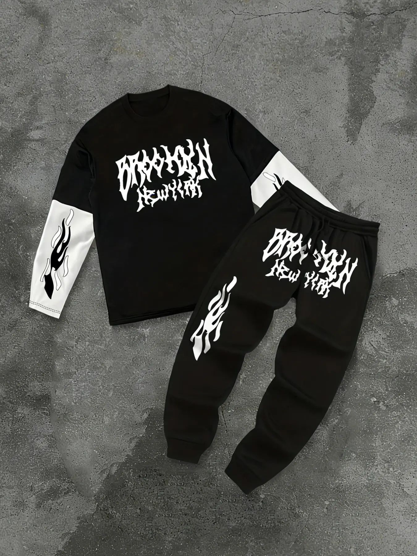 Brooklyn New York Graphic Streetwear Tracksuit - Layered Sleeve Contrast Top & Elastic Waist Joggers with Flame Print, Breathable Fabric for Skating, Hip Hop Dance, and Casual Daily Wear