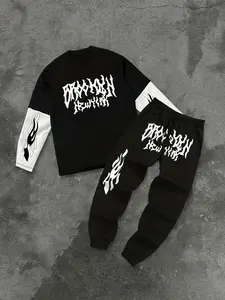 Brooklyn New York Graphic Streetwear Tracksuit - Layered Sleeve Contrast Top & Elastic Waist Joggers with Flame Print, Breathable Fabric for Skating, Hip Hop Dance, and Casual Daily Wear