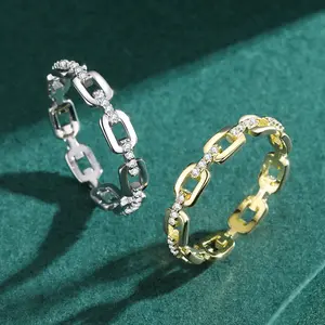 S925 Sterling Silver Chain Inlaid Diamond Ring, Ins Fashion Index Finger Ring, Luxury Silver Jewelry, Perfect Gift for Birthday Engagement Wedding Anniversary Mother's Day for Men Women tarnish proof