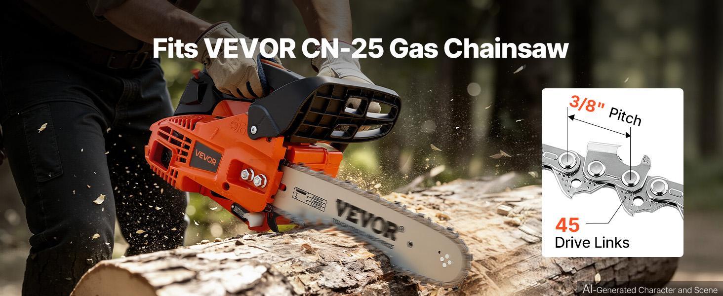 VEVOR Chainsaw Chain 3 Pack 12 Inch 3/8" Pitch 3/8" Gauge 45 Drive Links, Fits VEVOR CN-25 Gas Chainsaw, Forged Alloy Steel, Replacement Saw Chains with Sharp Cutter Teeth & Wear-Resistant Tie Straps