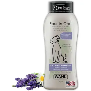 Wahl USA 4-in-1 Calming Pet Shampoo for Dogs \u2013 Cleans, Conditions, Detangles, & Moisturizes with Lavender Chamomile - Pet Friendly Formula - 24 Oz - Model 820000A