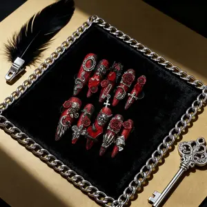 10Pack, TRUTH AMOR Handcrafted Gothic Nail Trims, Decorative Nails, Extra Long Sharp Stiletto, Vintage Textured Red Base, 3D Red Rose, Skull, Metal Claw Cross & Antique Frame Charms, Fit Gothic Party & Dark Street Outfit, Portable Nail Embellishments