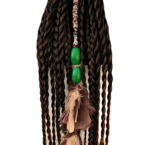 Dreadlock Ponytail Extensions with Green Beads and Feathers, Adjustable Design for a Unique Hair Style
