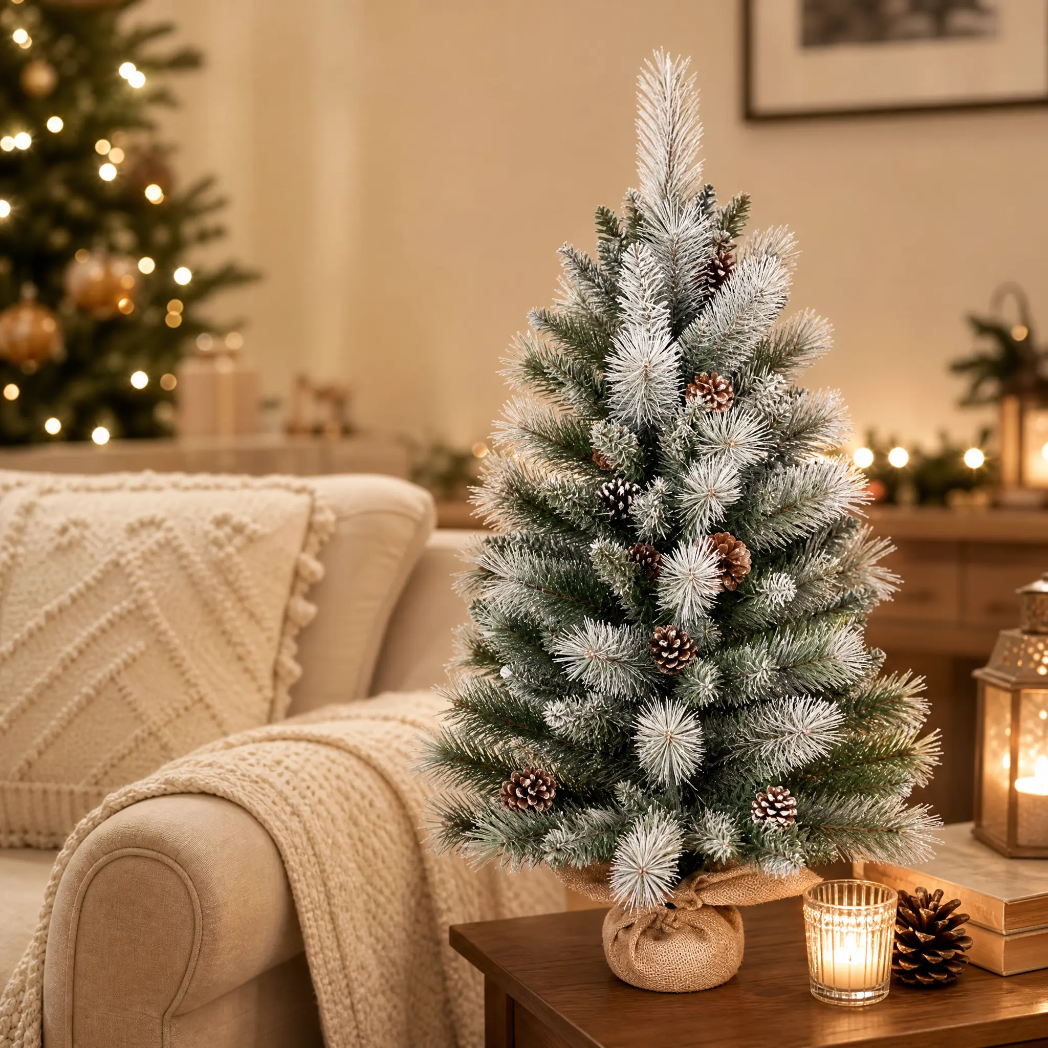2FT Pre-Lit Mini Artificial Pinecone Christmas Tree - 56-Tip Tabletop Tree with Burlap Base, Home Festive Decor for Small Spaces & Desktop Display